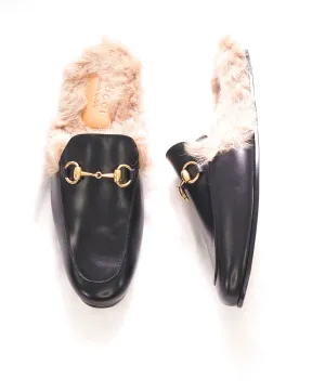 $1,095 GUCCI - "Princeton" Fur Lined Open Back Loafers Slides Black - 7.5US (7G)