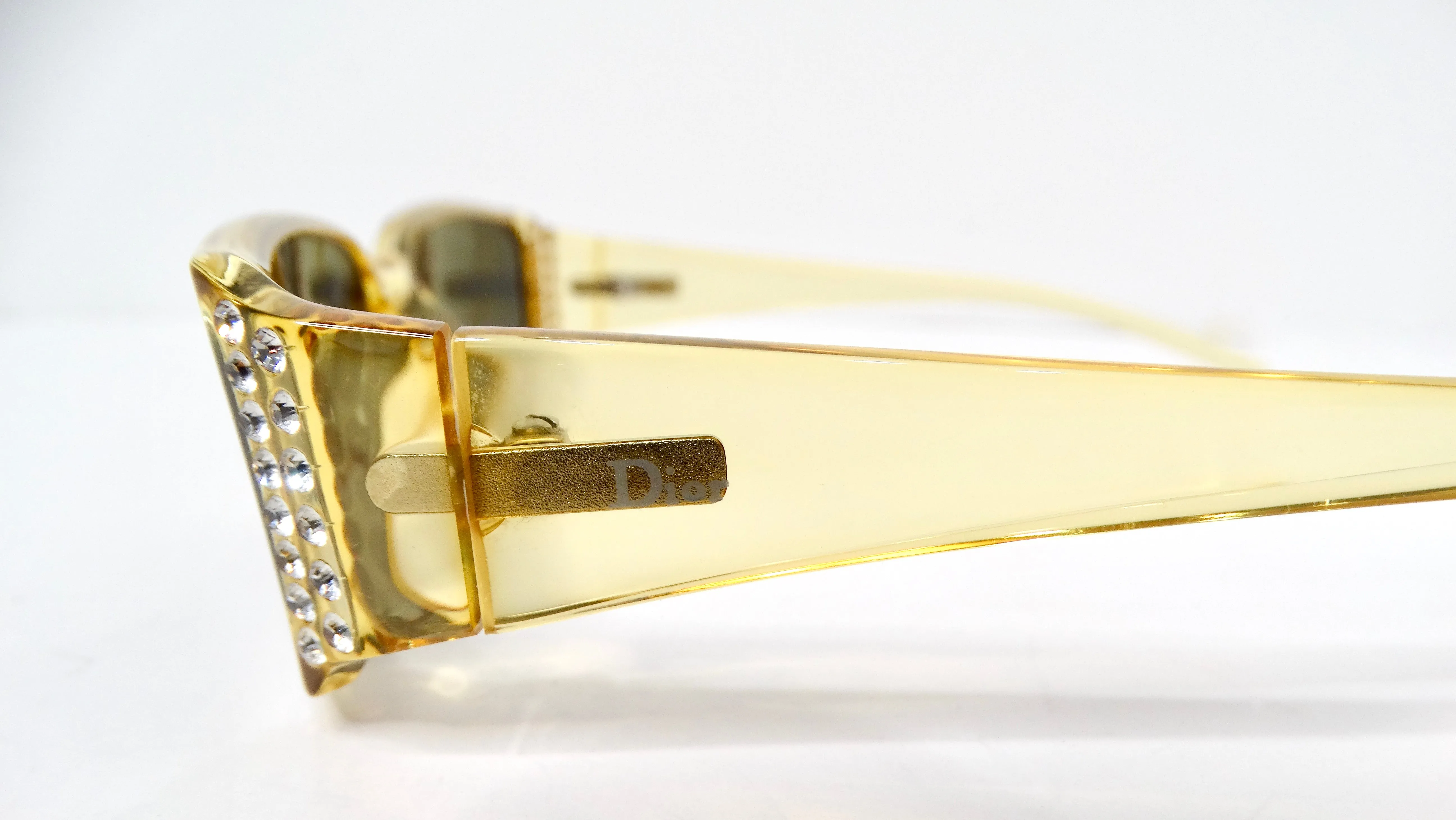 1990s Christian Dior Clear Yellow Rectangular Tinted Sunglasses With Rhinestones