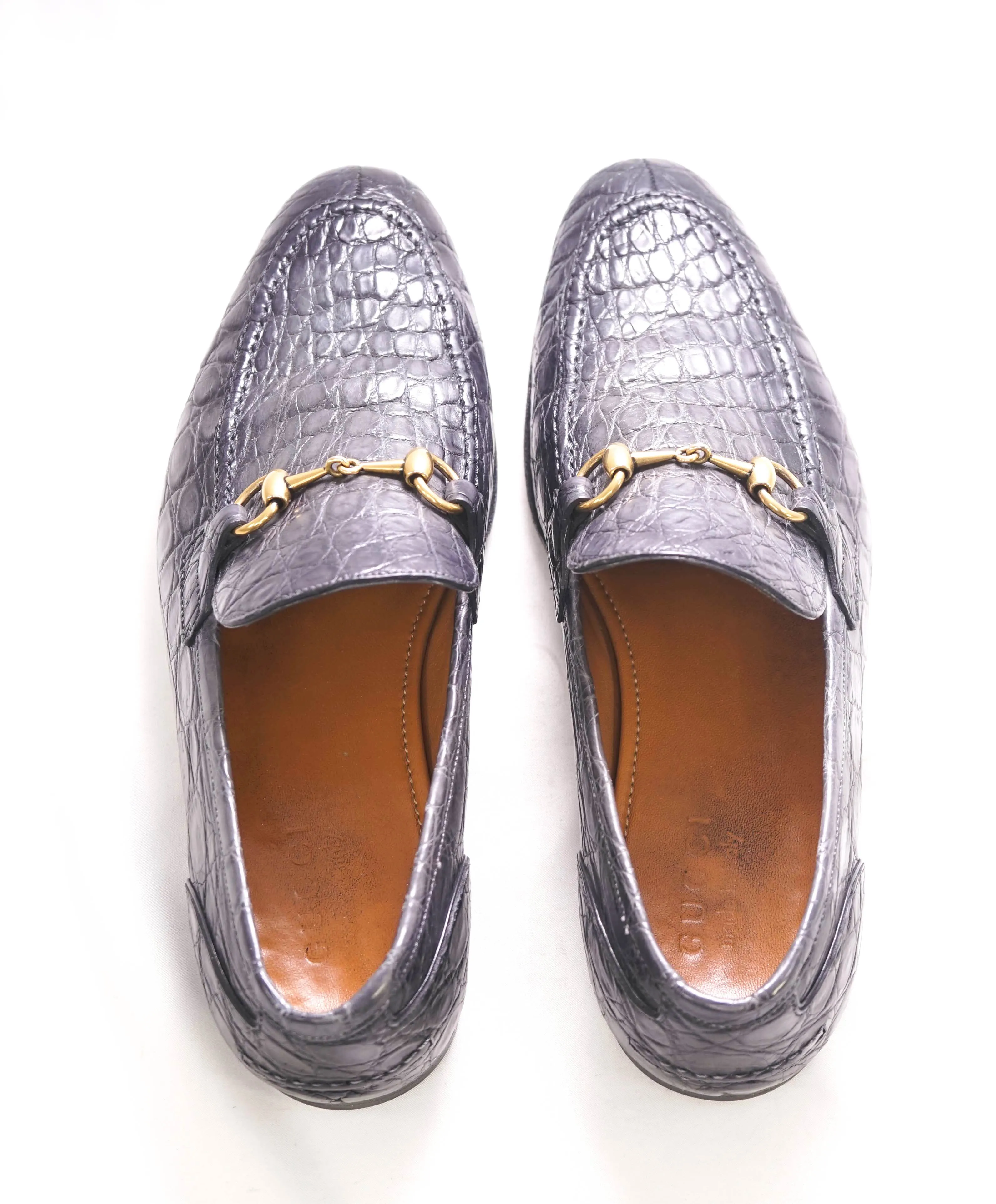 $4,100 GUCCI - "JORDAAN" Gray/Gold *CROCODILE* Horsebit Leather Loafers - 8.5US (8G)
