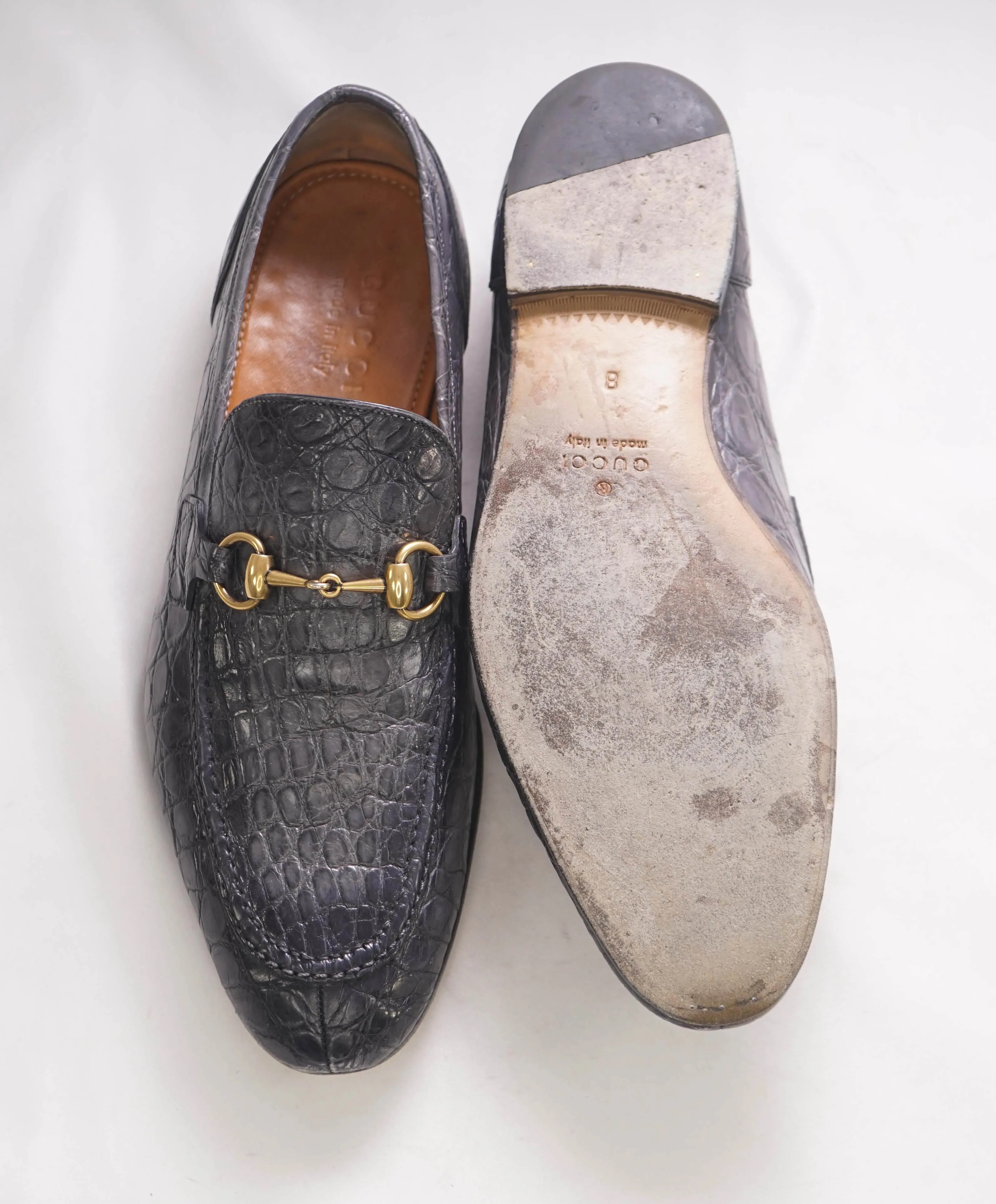 $4,100 GUCCI - "JORDAAN" Gray/Gold *CROCODILE* Horsebit Leather Loafers - 8.5US (8G)