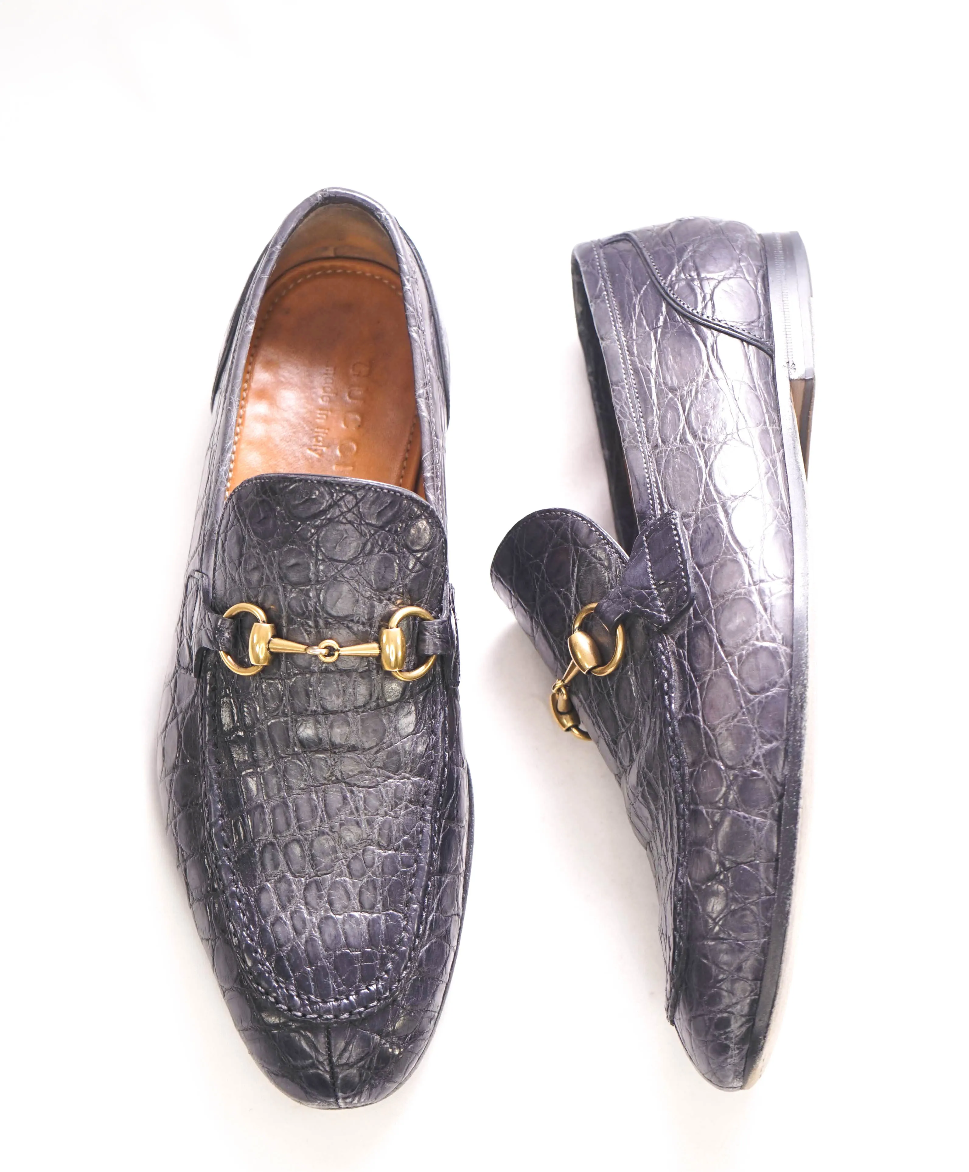 $4,100 GUCCI - "JORDAAN" Gray/Gold *CROCODILE* Horsebit Leather Loafers - 8.5US (8G)