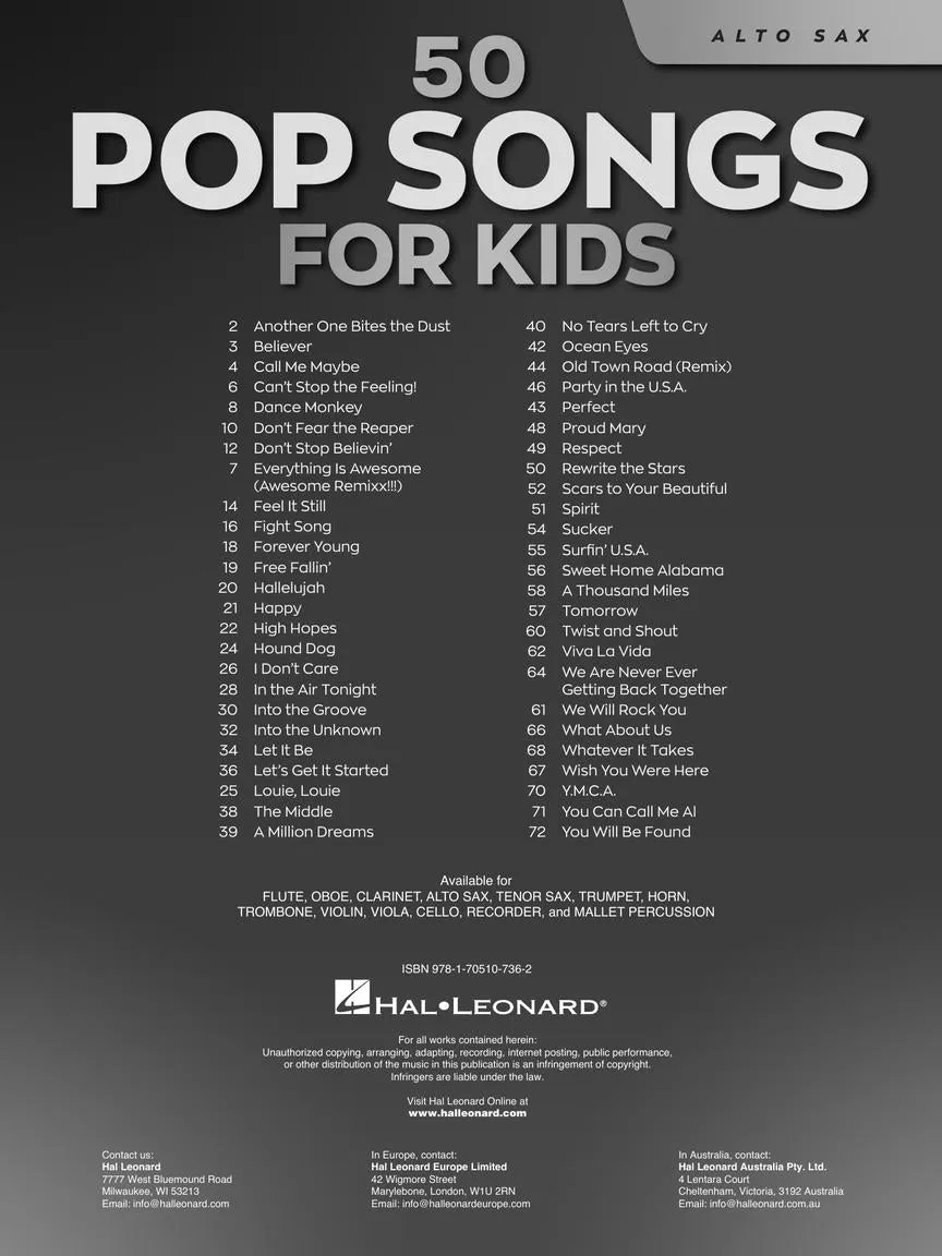 50 Pop Songs for Kids for Alto Sax