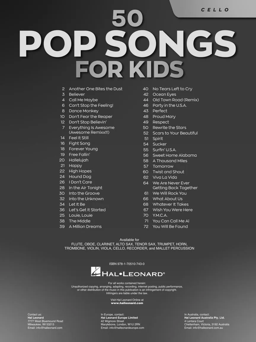 50 Pop Songs for Kids for Cello