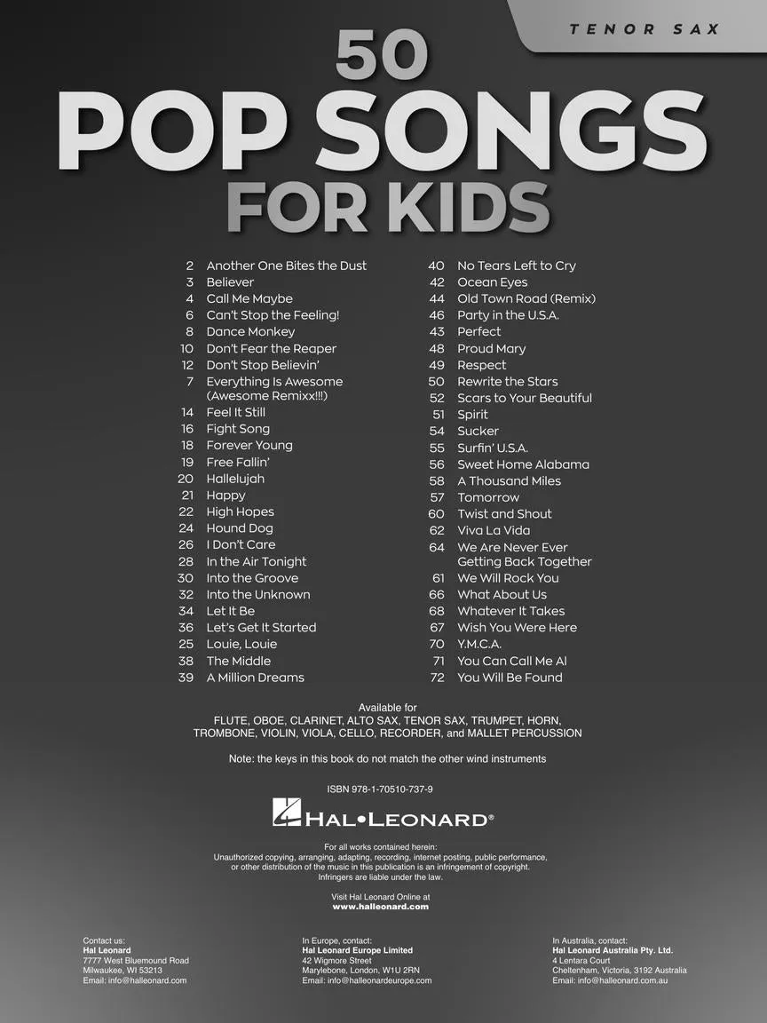 50 Pop Songs for Kids for Tenor Sax