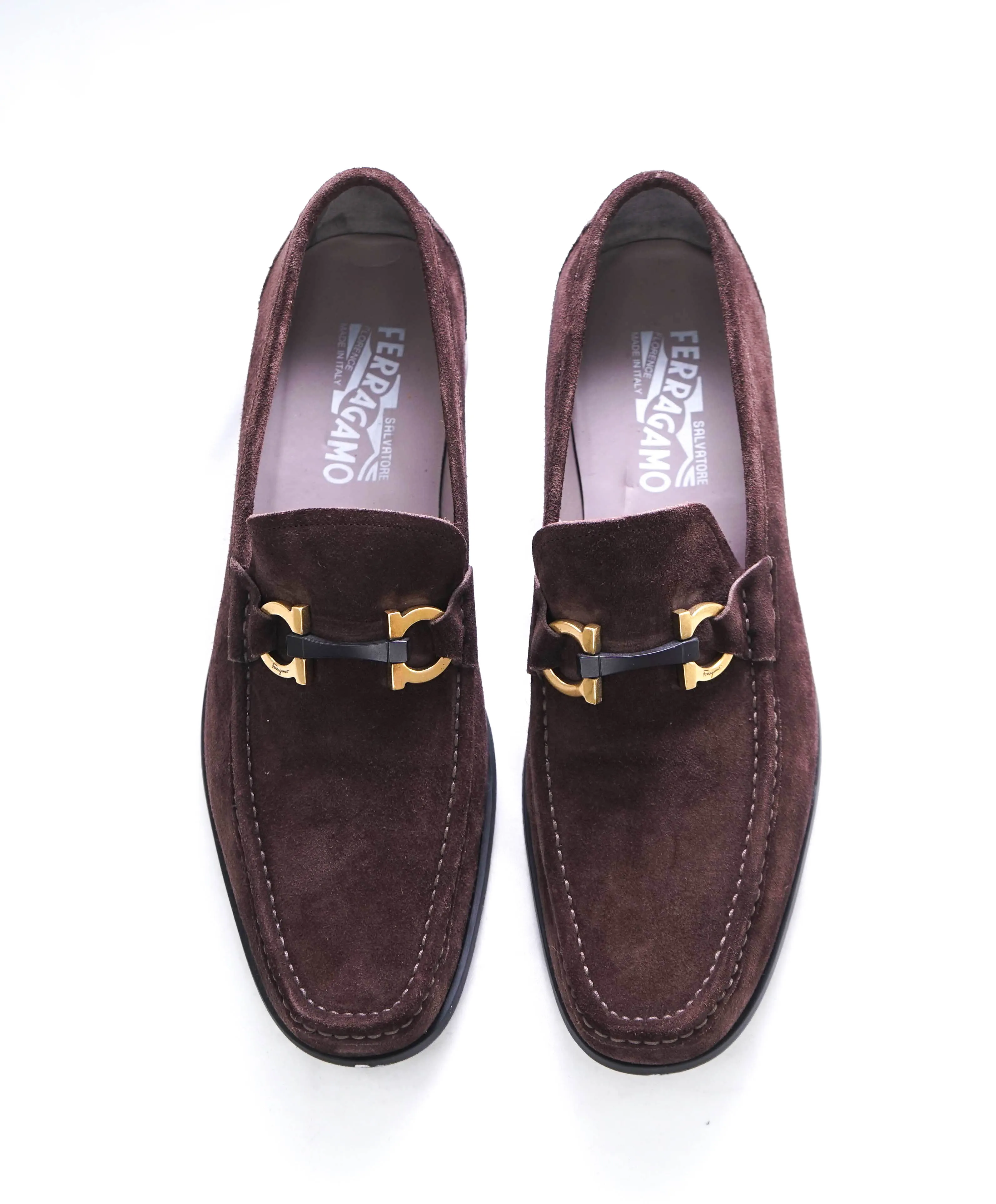 $850 SALVATORE FERRAGAMO - “GRANDIOSO" Gancini Bit Loafer Brown Suede - 10 D