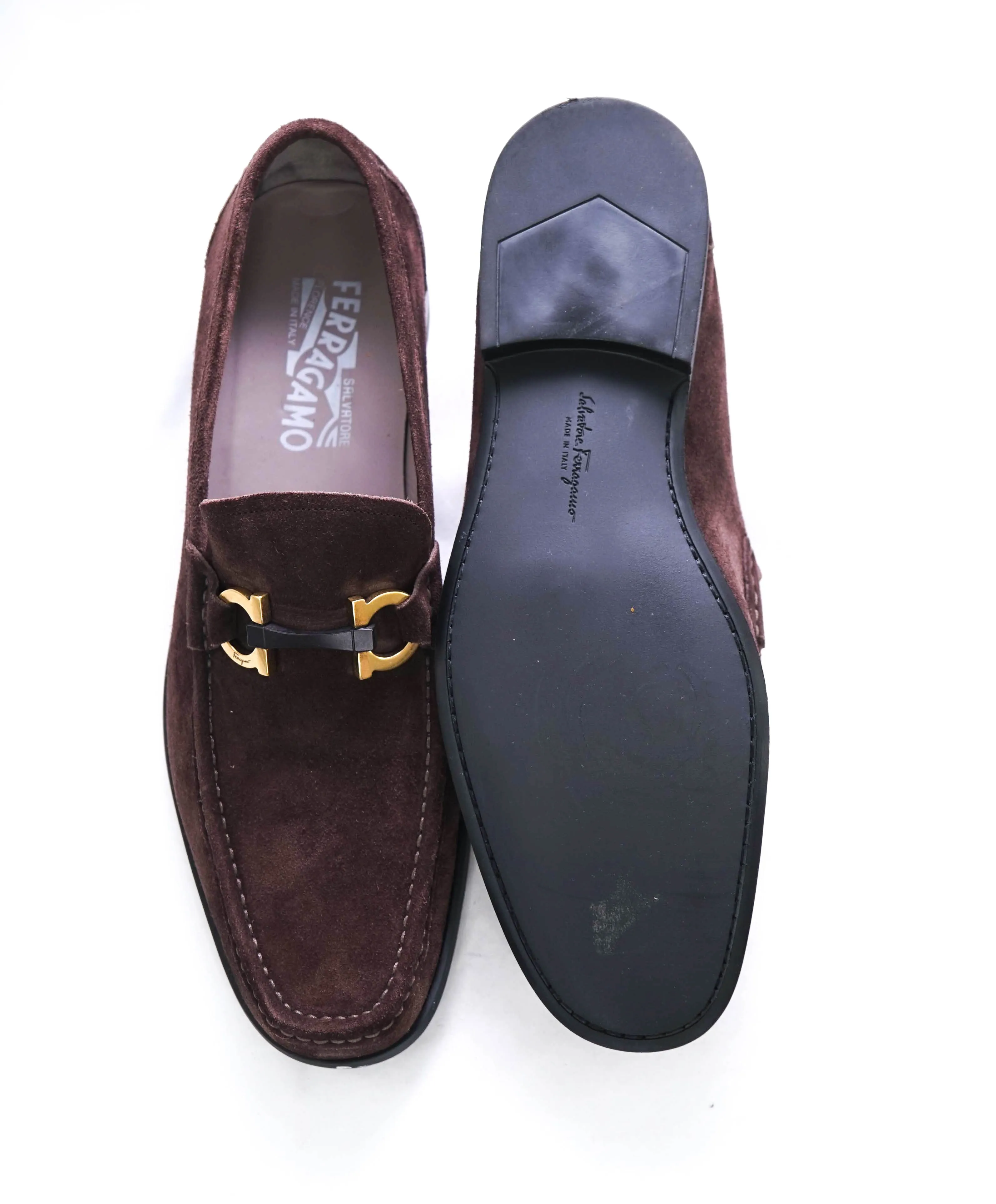 $850 SALVATORE FERRAGAMO - “GRANDIOSO" Gancini Bit Loafer Brown Suede - 10 D