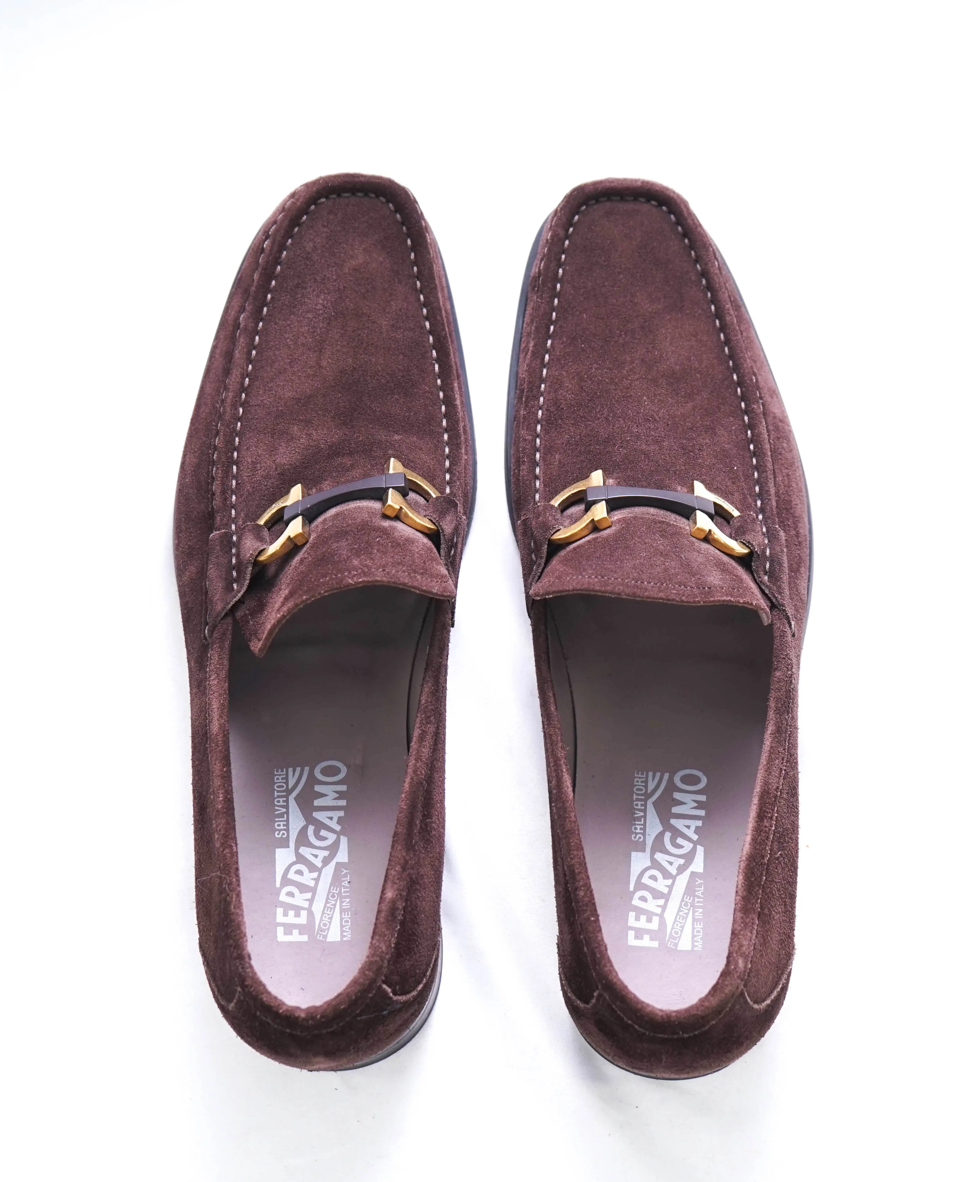 $850 SALVATORE FERRAGAMO - “GRANDIOSO" Gancini Bit Loafer Brown Suede - 10 D