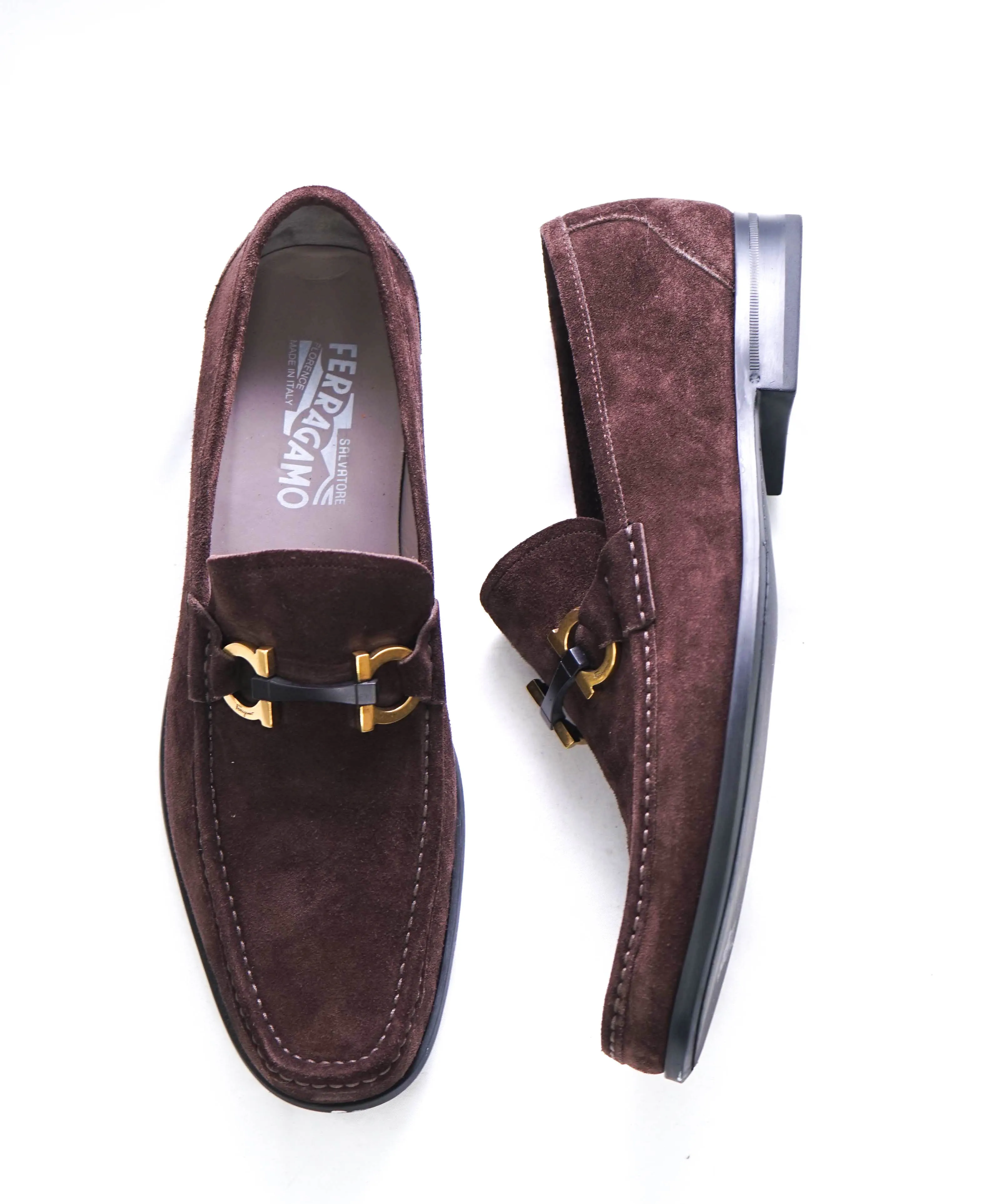 $850 SALVATORE FERRAGAMO - “GRANDIOSO" Gancini Bit Loafer Brown Suede - 10 D