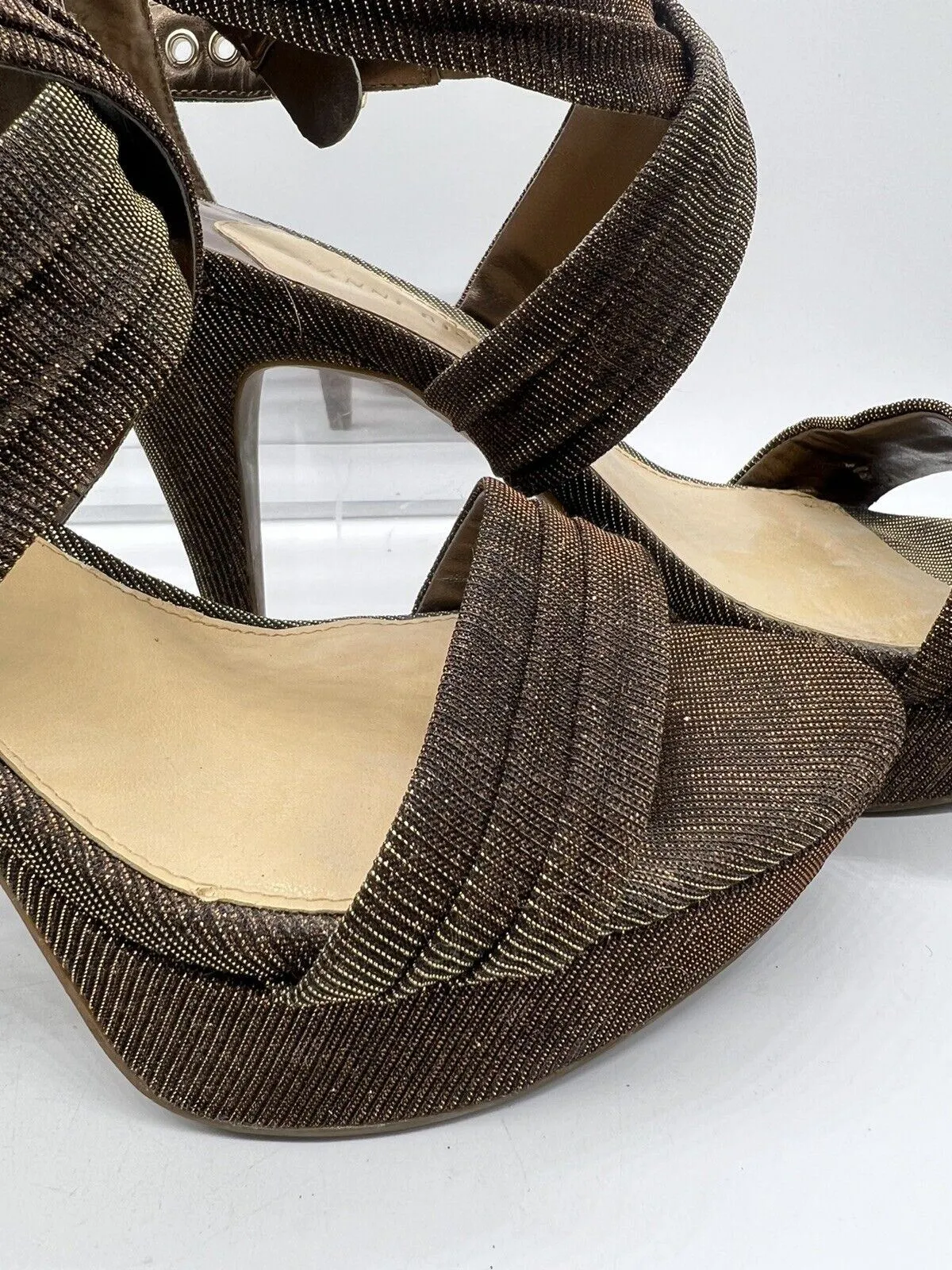 9 M Gianni Bini Gold Glitter Strap Sandal 4” High Heel Open Toe Platform Sling