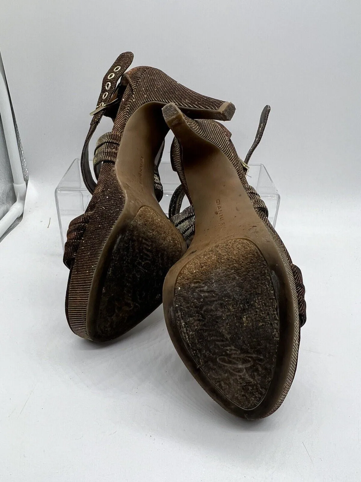 9 M Gianni Bini Gold Glitter Strap Sandal 4” High Heel Open Toe Platform Sling