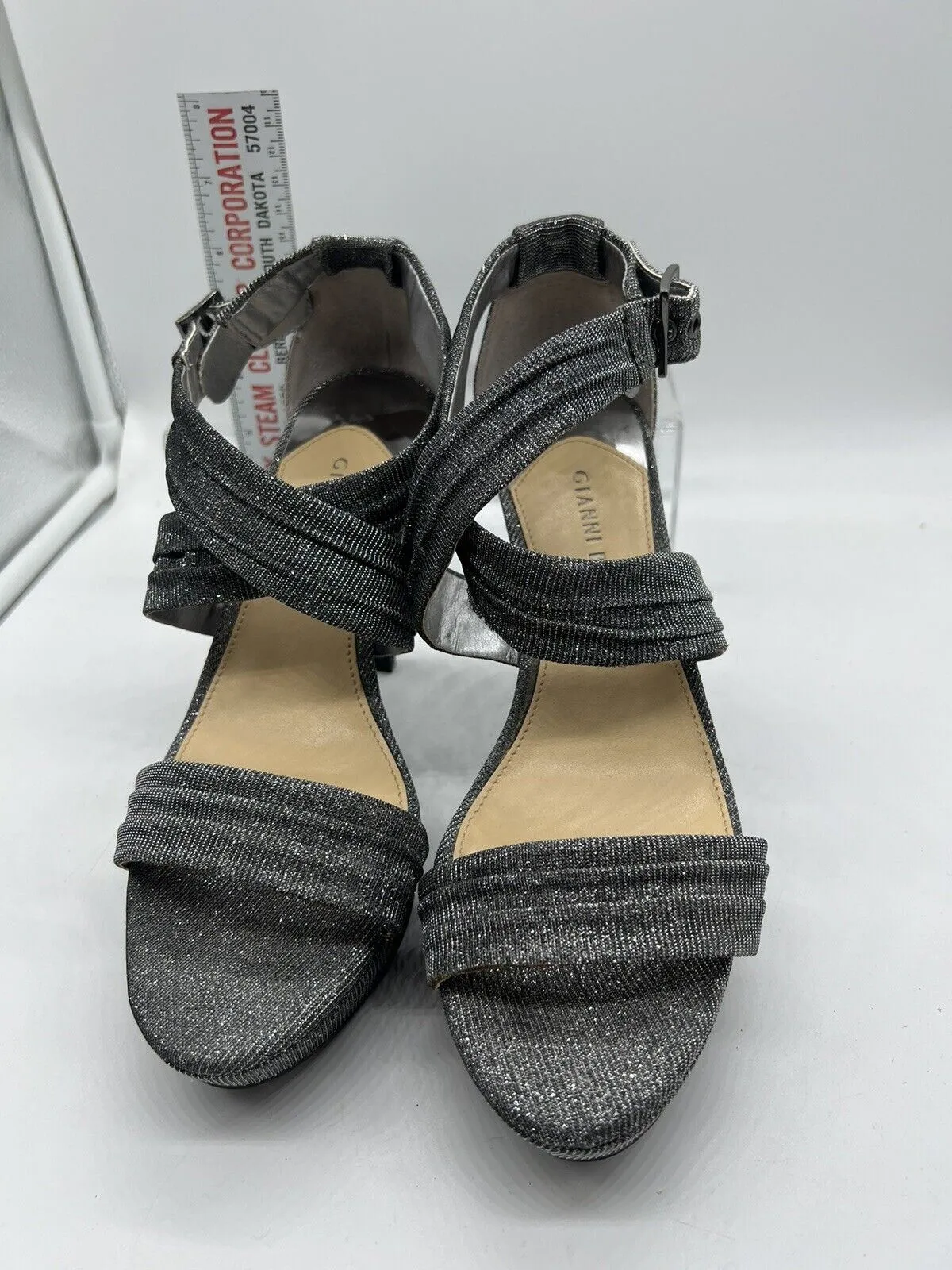 9 M Gianni Bini Silver Glitter Strap Sandal 4” High Heel Open Toe Platform Sling