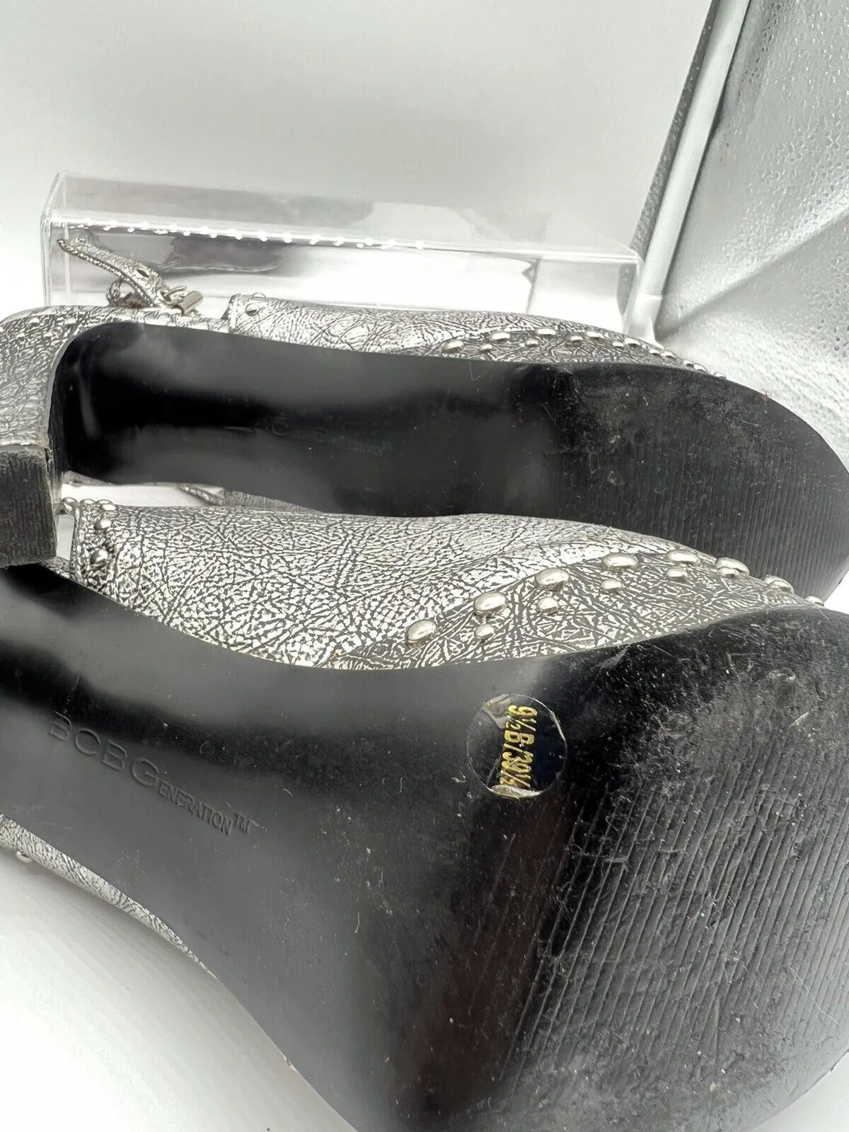 9.5 BCBGeneration Silver Studded Sling Back Sandal 4”  High Heel Shoe Open Toe
