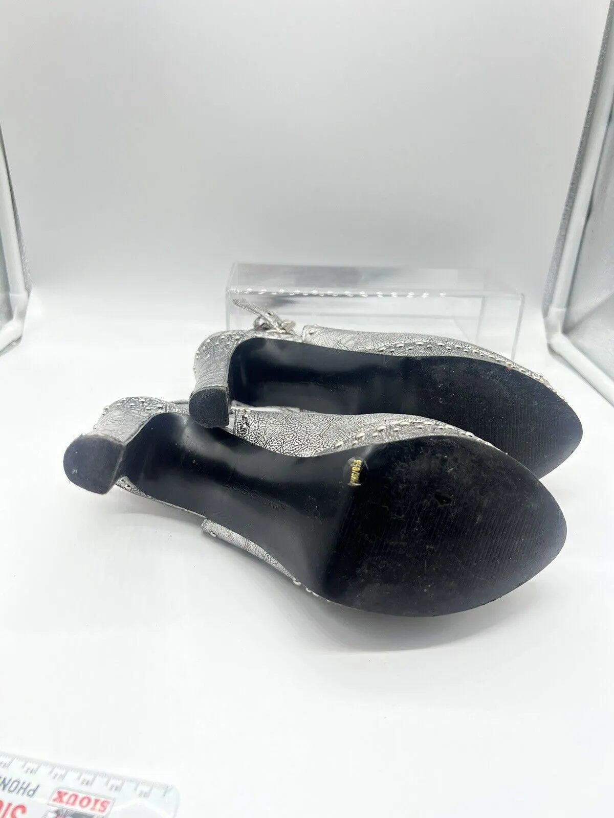 9.5 BCBGeneration Silver Studded Sling Back Sandal 4”  High Heel Shoe Open Toe