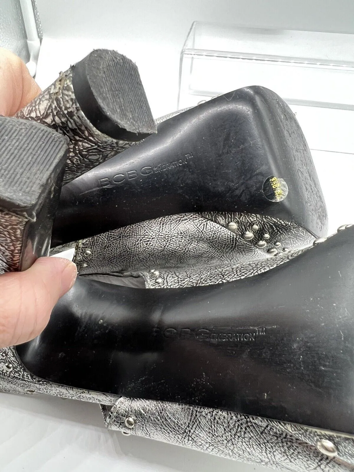 9.5 BCBGeneration Silver Studded Sling Back Sandal 4”  High Heel Shoe Open Toe
