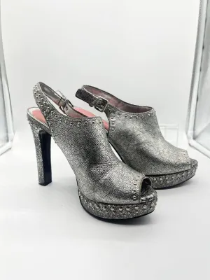 9.5 BCBGeneration Silver Studded Sling Back Sandal 4”  High Heel Shoe Open Toe