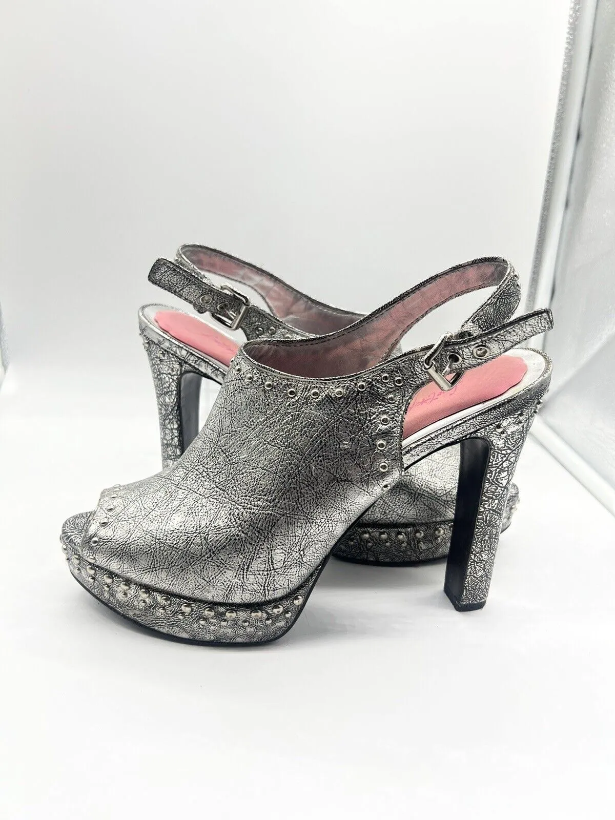 9.5 BCBGeneration Silver Studded Sling Back Sandal 4”  High Heel Shoe Open Toe
