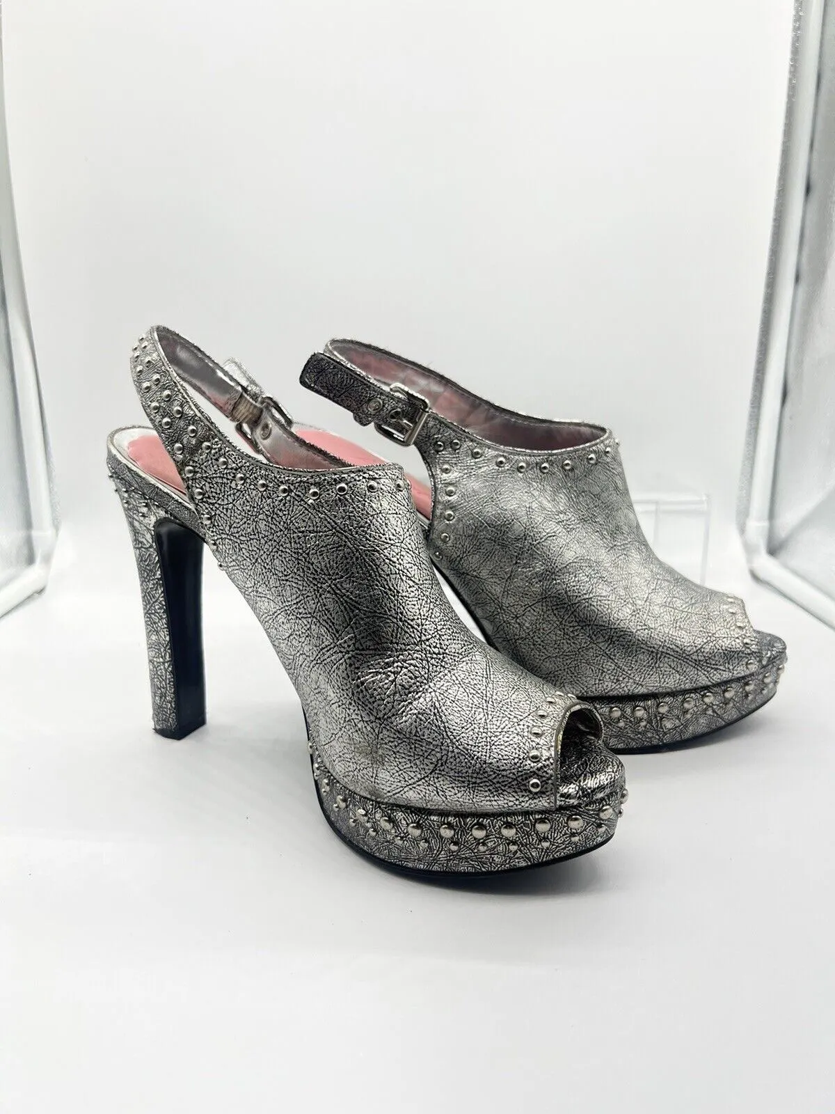 9.5 BCBGeneration Silver Studded Sling Back Sandal 4”  High Heel Shoe Open Toe