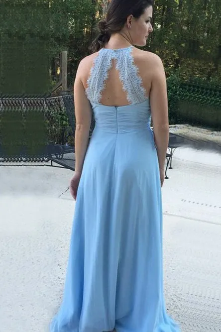 A-Line Round Neck Open Back Light Blue Bridesmaid Dress with Ruched OHS032