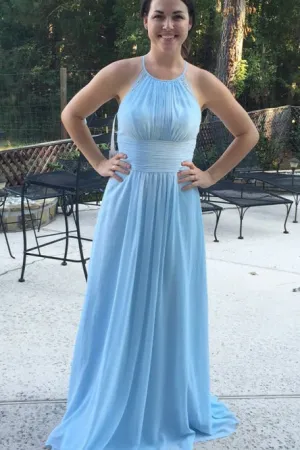A-Line Round Neck Open Back Light Blue Bridesmaid Dress with Ruched OHS032