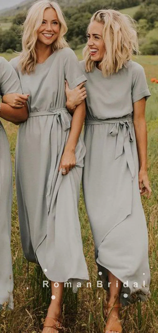 A-Line Scoop Neckline Short Sleeves Chiffon Side Slit Long Bridesmaid Dresses,RBWG0027