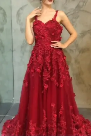 A Line Spaghetti Strap Burgundy Sleeveless Appliques Long Prom Dress OHC173
