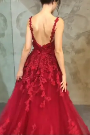 A Line Spaghetti Strap Burgundy Sleeveless Appliques Long Prom Dress OHC173