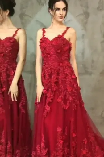 A Line Spaghetti Strap Burgundy Sleeveless Appliques Long Prom Dress OHC173