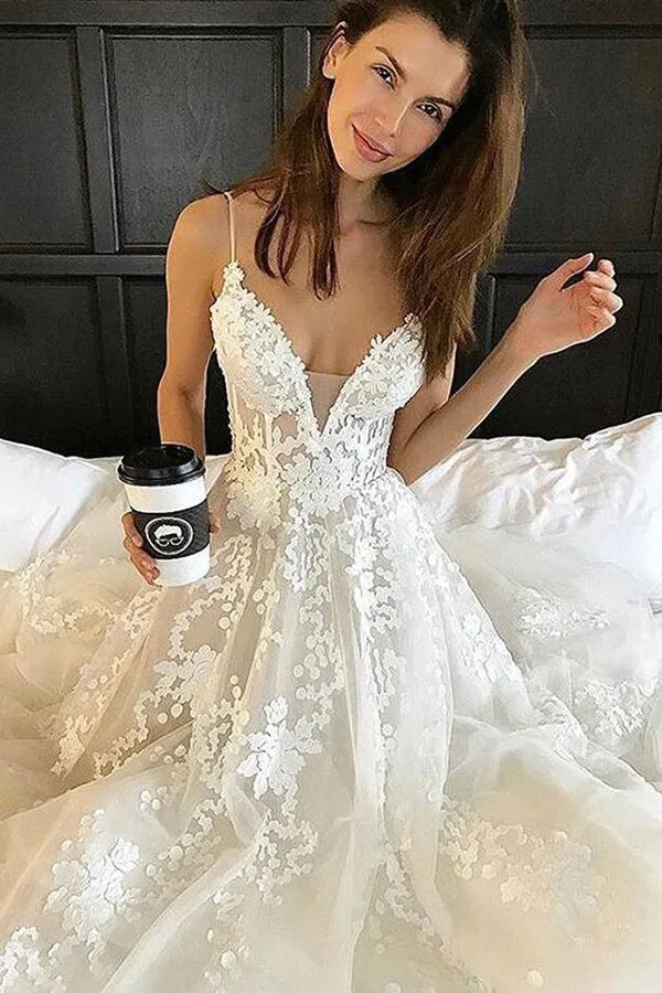 A-Line Spaghetti Straps Chapel Train Backless Ivory Tulle Weeding Dress with Appliques OHD221