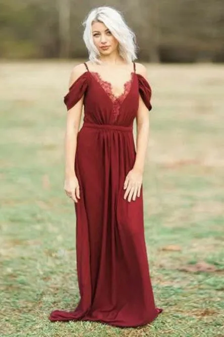 A-Line Spaghetti Straps Floor-Length Dark Red Chiffon Bridesmaid Dress with Lace OHS009