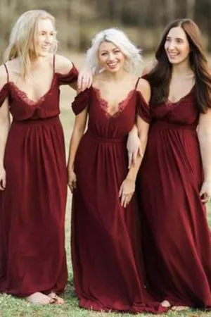 A-Line Spaghetti Straps Floor-Length Dark Red Chiffon Bridesmaid Dress with Lace OHS009