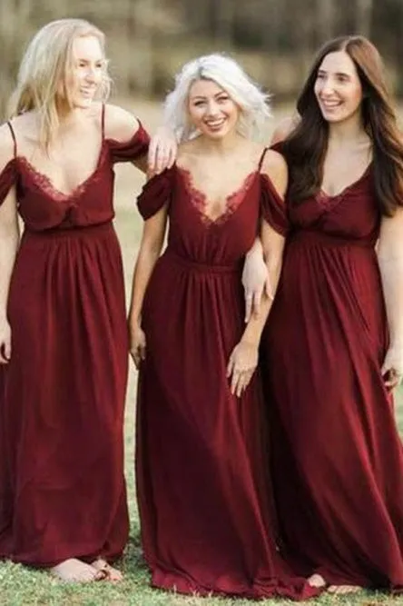 A-Line Spaghetti Straps Floor-Length Dark Red Chiffon Bridesmaid Dress with Lace OHS009