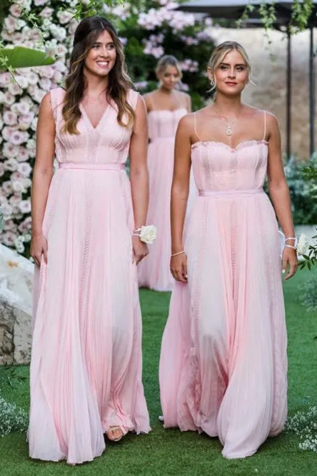 A-Line Spaghetti Straps Floor-Length Pleated Chiffon Bridesmaid Dress OHS095