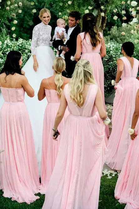 A-Line Spaghetti Straps Floor-Length Pleated Chiffon Bridesmaid Dress OHS095