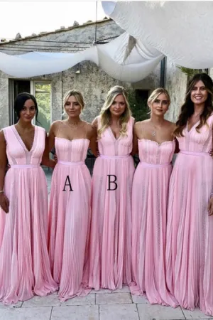 A-Line Spaghetti Straps Floor-Length Pleated Chiffon Bridesmaid Dress OHS095