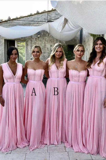 A-Line Spaghetti Straps Floor-Length Pleated Chiffon Bridesmaid Dress OHS095