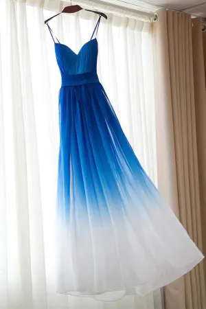 A Line Spaghetti Straps Floor Length Sleeveless Royal Blue Ombre Long Chiffon Prom Dress/Evening Dress OHC105