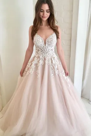 A-Line Spaghetti Straps Pearl Pink Wedding Dress with Appliques OHD090