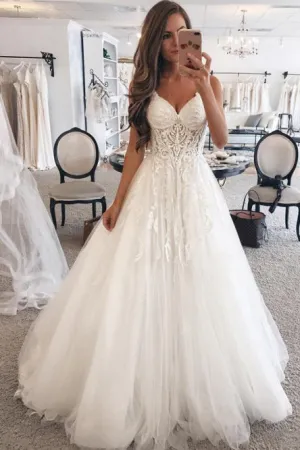 A-Line Spaghetti Straps Sweep Train White Sleeveless Tulle Wedding Dress Bridal Gown with Appliques OHD119