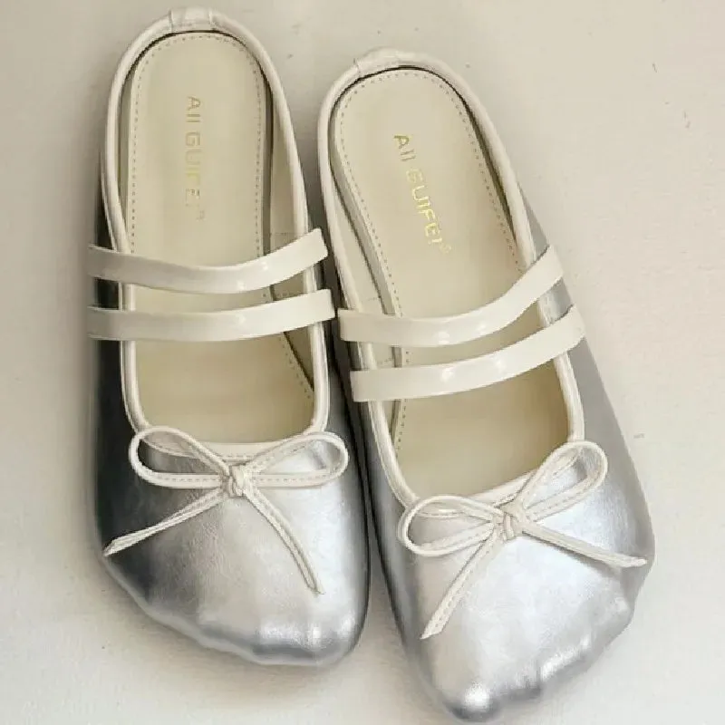 ADVBRIDGE  -  Sweet Bow Round Toe Women Sandals Narrow Band Non-slip Flat Sandals Summer Fashion Comfortable Patent Leather Mary Jane Shoes