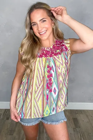 Aqua Multicolor Aztec Print Embroidered Top
