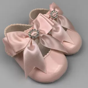 Baby Girl Pram Shoes - Large Pink Satin Bow with Diamante