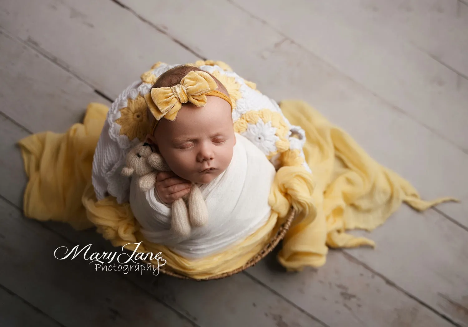 Baby newborn girl velvet bow tieback, double, yellow, soft, RTS