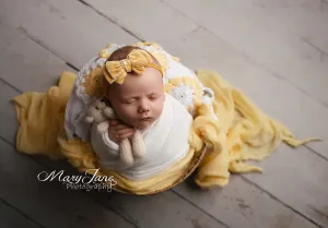 Baby newborn girl velvet bow tieback, double, yellow, soft, RTS