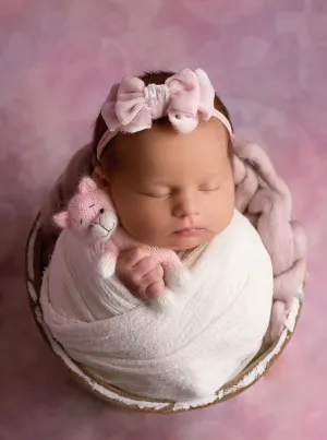 Baby newborn girl velvet bow tieback pastel rose pink, plush, soft, RTS