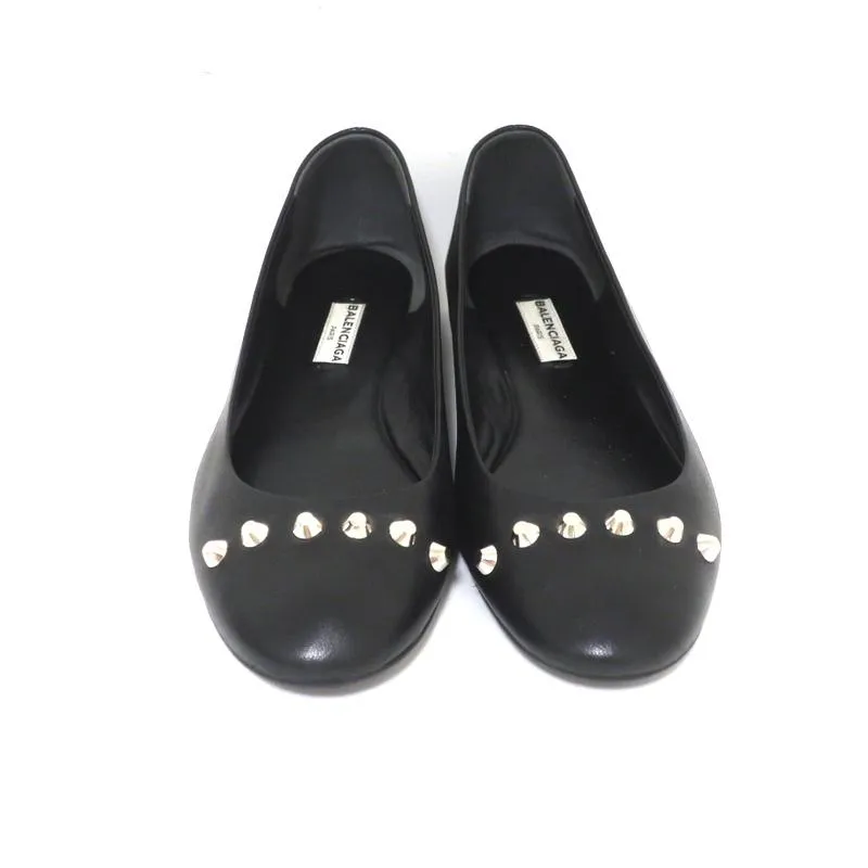 Balenciaga Studded Ballet Flats Black Leather Size 38