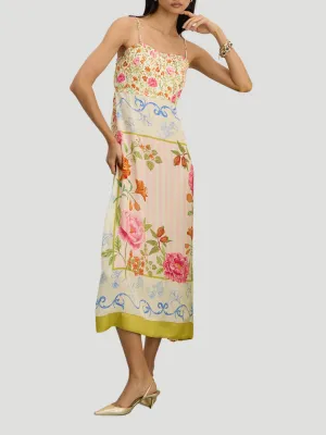 Bandeau Silk Midi Dress in Printed Peony