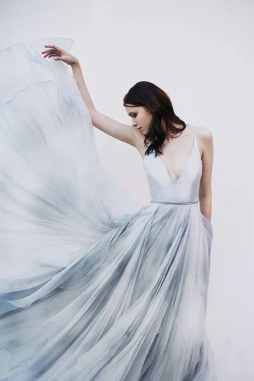 Beautiful A Line Spaghetti Straps Sweep Train Sleeveless Long Chiffon Prom Dress  OHC119