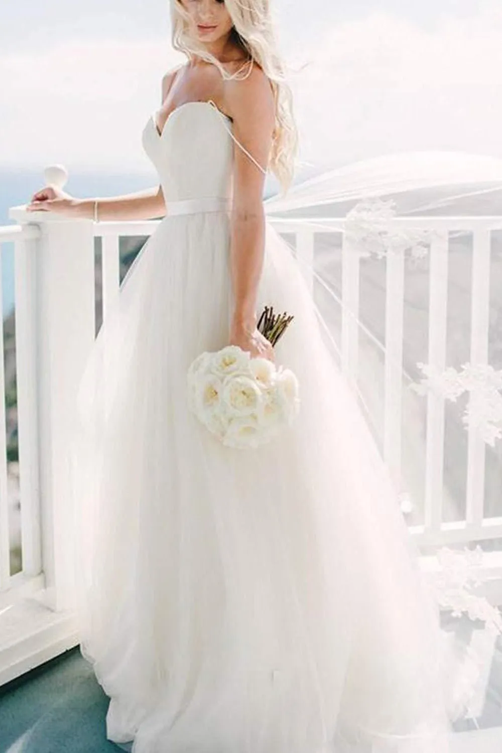 Beautiful A Line Spaghetti Straps Sweep Train Sleeveless Long Tulle Bridal Gown Wedding Dresses OHD167
