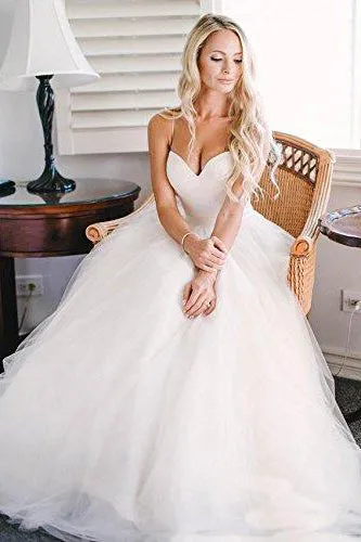 Beautiful A Line Spaghetti Straps Sweep Train Sleeveless Long Tulle Bridal Gown Wedding Dresses OHD167