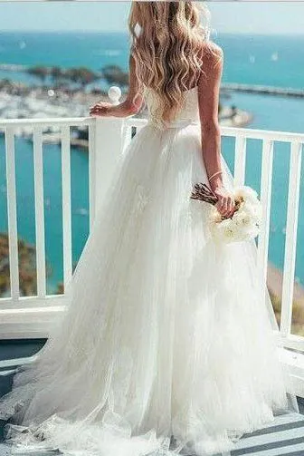 Beautiful A Line Spaghetti Straps Sweep Train Sleeveless Long Tulle Bridal Gown Wedding Dresses OHD167